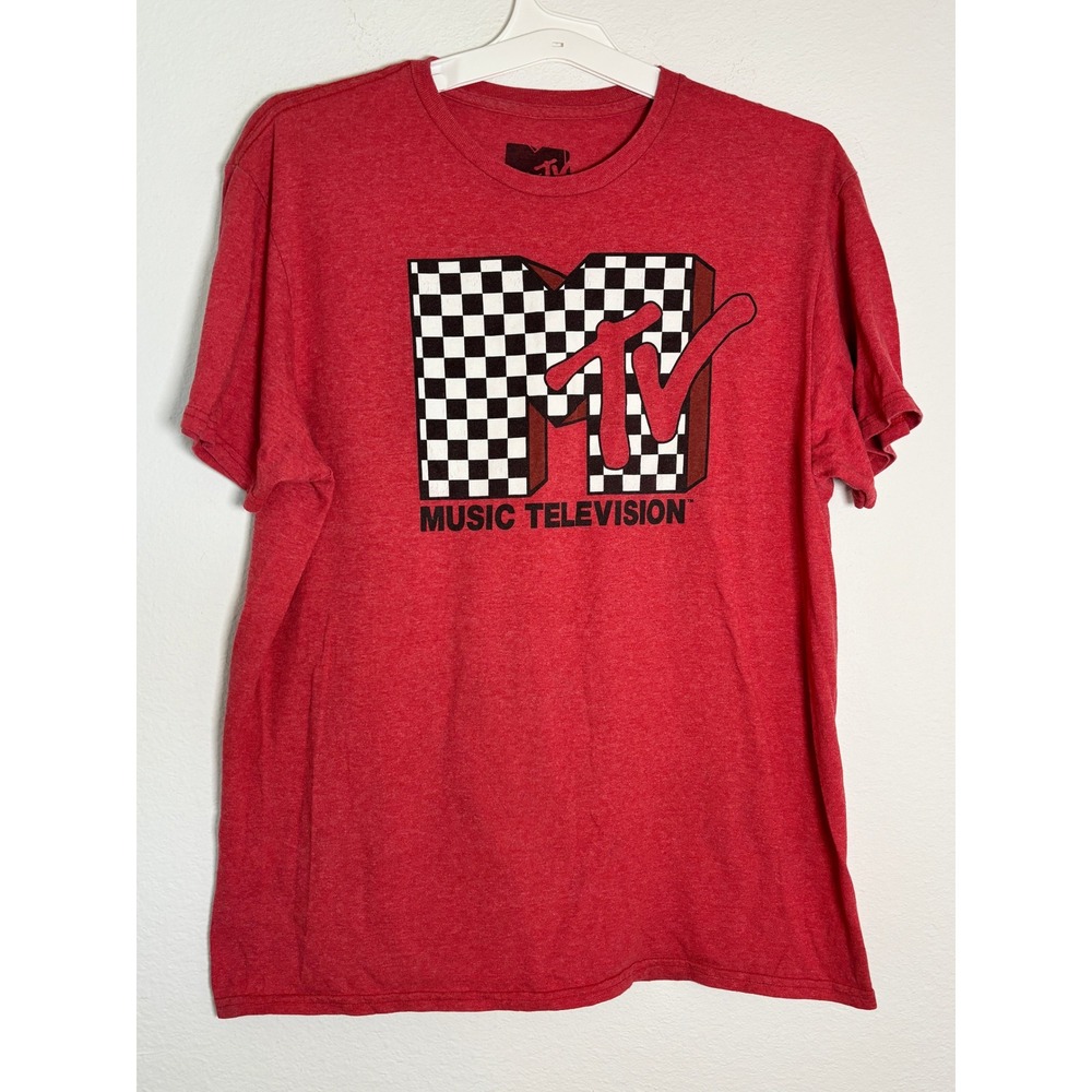 MTV Music Television Graphic Tee Red Heathered Checkerboard Logo Shirt Large